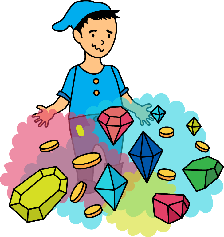 Boy in a gnome hat not knowing what to do with all the gems and coins