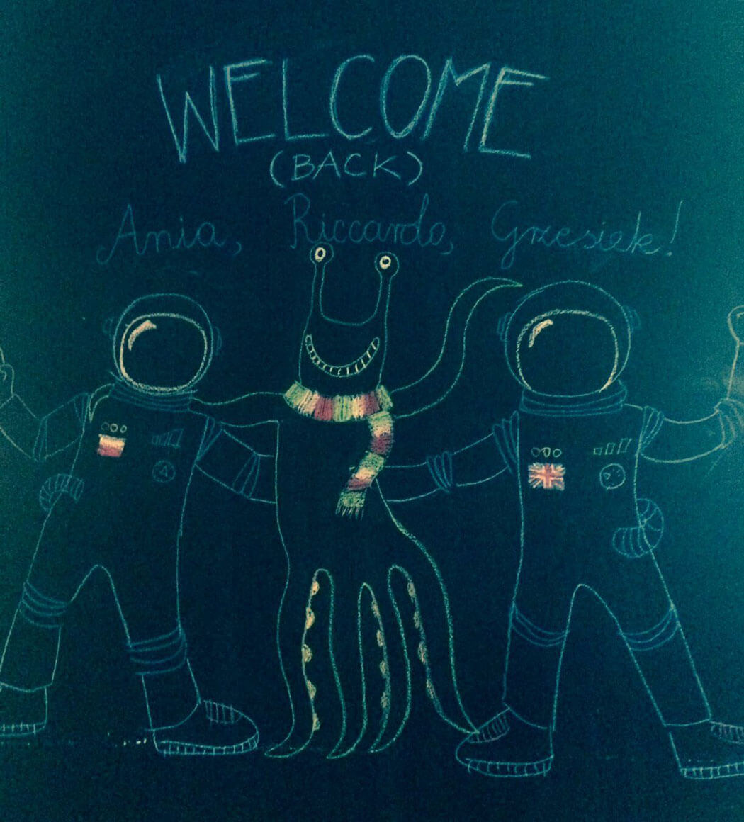 'Welcome back' drawing on a blackboard
