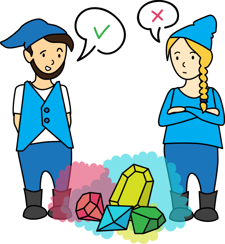 Boy and girl cartoon gnomes discuss how to divide up their salary of gemstones.